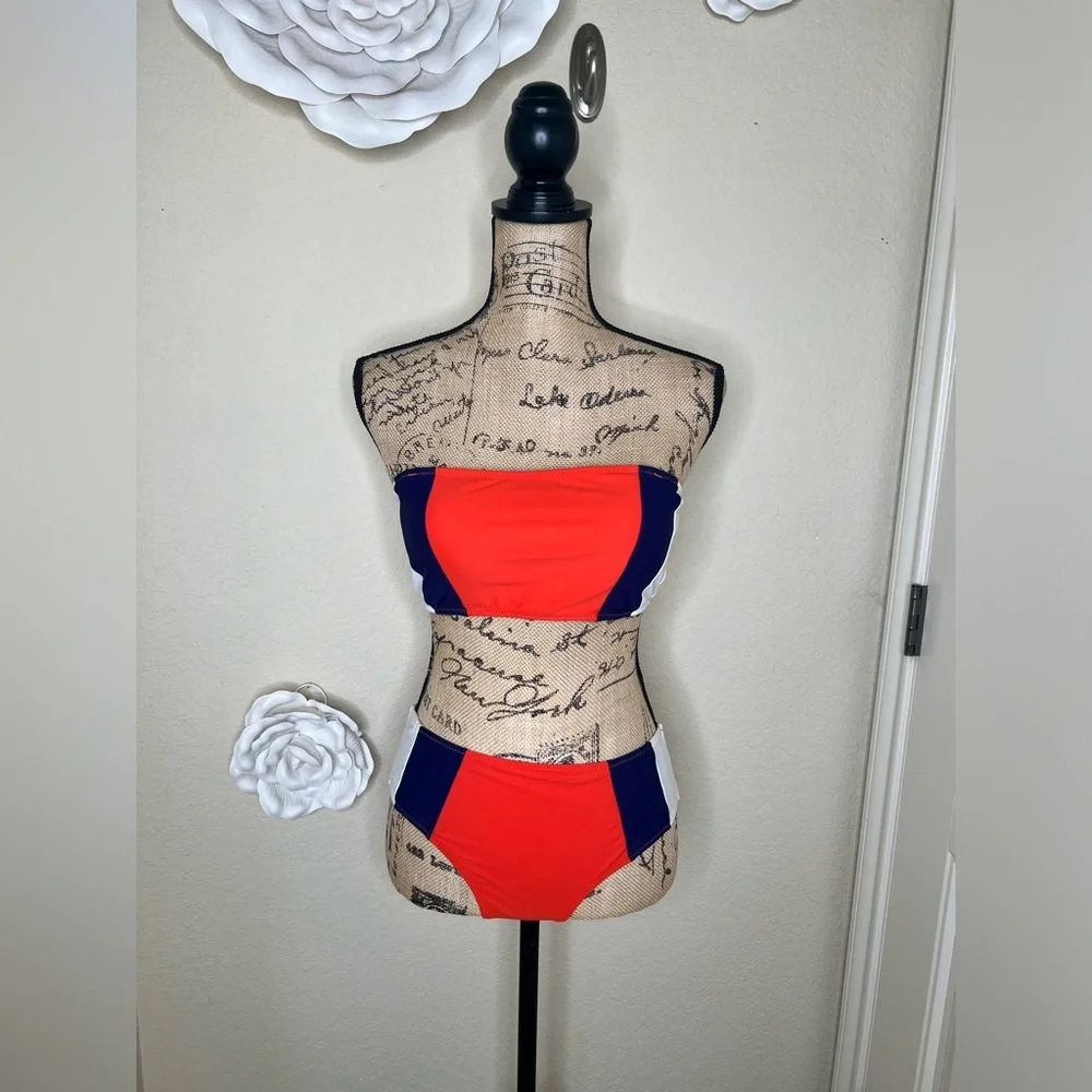 Cupshe Colorblock Bikini Set Orange Blue White Mid Rise Swim Size M - Picture 14 of 16
